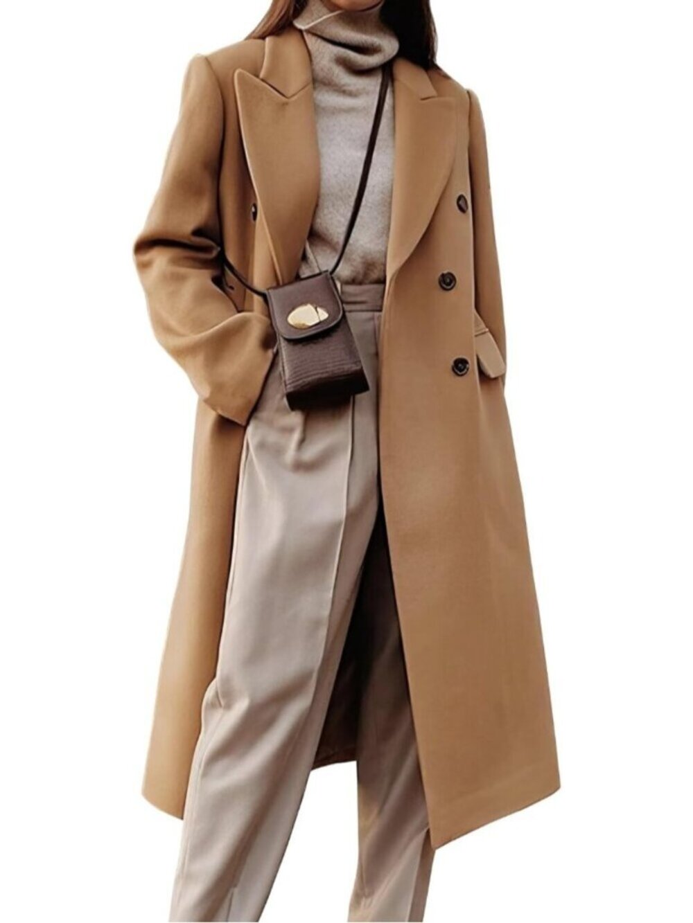 Women's Camel Wool Blend Long Warm Lapel Double Breasted Winter Trench Peacoat